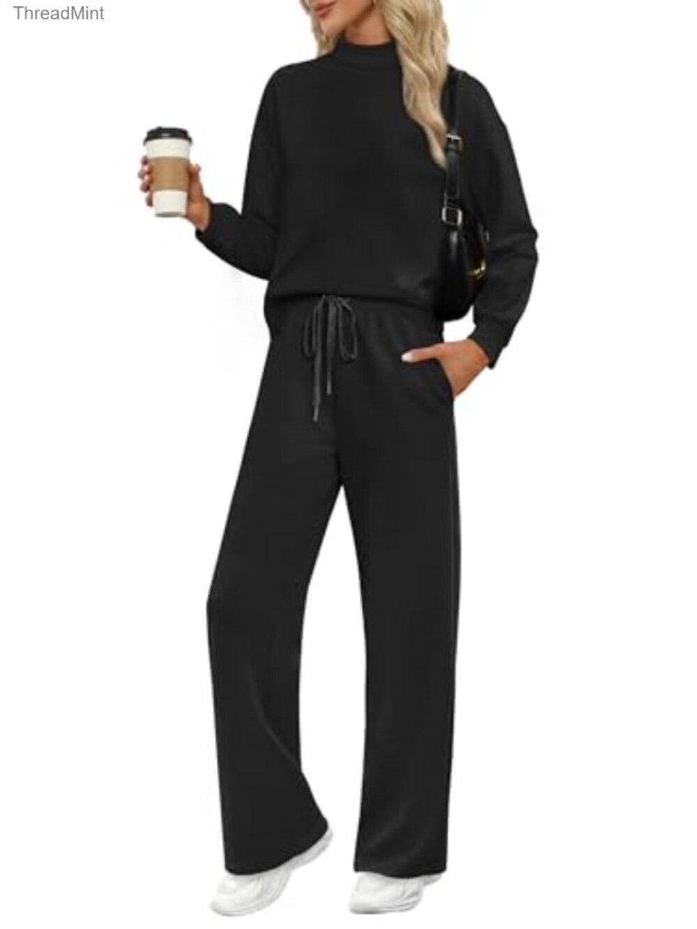 Women Lounge Set Mock Neck Long Sleeve Top Wide Leg Pants Two Piece